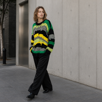 Pull tricoté fait main au design original, style mode urbaine - 50% Soie de mûrier 50% Coton, rayé, épais, col rond, pour femme, hiver
