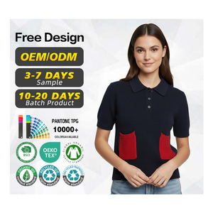 BSCI Certificación Suéter Fabricante Logotipo personalizado Mujeres Acrílico Poliéster Polo Cuello Suéter de manga corta con bolsillo en contraste - Product Image 1