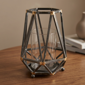 Lanterne décorative vintage en fer noir géométrique avec cylindre en verre, porte-bougie suspendu durable pour Noël - Product Image 3