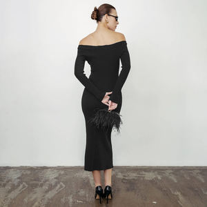 Robe longue élégante moulante côtelée de couleur unie, épaules dénudées, manches longues, taille naturelle, coupe ajustée, écologique, lavable, sexy - Product Image 2