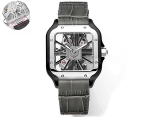 Montre mécanique automatique élégante et tendance avec bracelet en cuir de crocodile noir mat et couronne incrustée de spinelle synthétique - Product Image 4