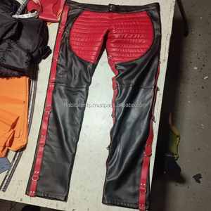 Pantalón de motorista acolchado rojo de cuero genuino para hombre - Product Image 1