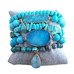 时尚设计师女士波西米亚5pc串珠手镯套装天然芯片石蓝色德鲁兹叠手镯套装