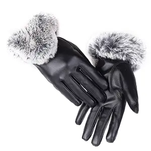 Guantes de PU para pantalla táctil, guantes cálidos de invierno de cuero negro de otoño para mujer y mujer