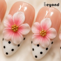 Kuku Palsu Handmade Grosir PMMA Pink 3D Floral Black Polka Dot French Tip Full Cover 10 Pcs