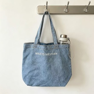 Sac de shopping en toile denim grande capacité style coréen, personnalisable, réutilisable, sac de plage avec fermeture éclair, couleur unie, motif lettre - Product Image 3
