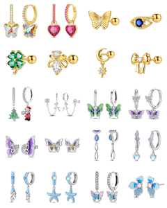 Boucles d'oreilles clous en argent 925 plaqué or 18 carats, serties de zircons en forme d'étoile octogonale et de fleurs d'<span class=keywords><strong>iris</strong></span>. Exsude l'élégance - Product Image 1