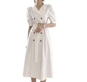 גואנגזו בגד מפעל OEM קצר שרוול כפתור למטה חגורת המותניים סיבתי Vintage כותנה פשתן שמלה