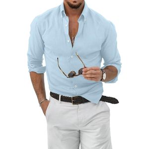 Chemise boutonnée en coton et lin pour homme FOXA, manches longues, respirante, chemise habillée décontractée pour le travail - Product Image 1