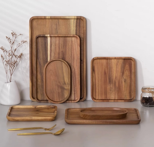 Natural Solid Wood <strong>Plates</strong> for Breakfast Coffee Fruit Appetizer Handcrafted Acacia Wood Serving Tray - Product Image 1