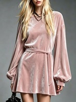 Robe chemise en velours romantique française pour femmes, col rond, manches longues lanternes, couleur unie, élégante et fluide, longueur mi-longue