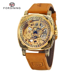 Forsining 8247 Hot Selling Gold Mannelijke Mechanisch Horloge Weird Lederen Water Proofing Band Auto Datum Business Polshorloge