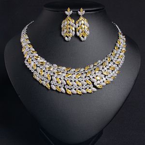 Ensemble collier et boucles d'oreilles de mariée en zircon micro-incrusté, style européen et américain, luxe industriel, bijoux de banquet de luxe - Product Image 1