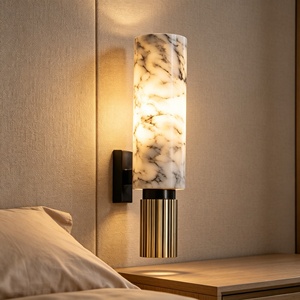 Lámpara de Pared Cilíndrica de Mármol Negro y Dorado, Lámpara de Pared de Alabastro con Base Acanalada de Latón, LED para Hotel, Dormitorio, Pasillo - Product Image 3