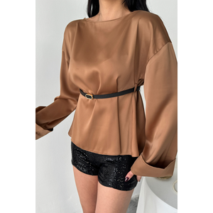 เสื้อเบลาส์ผ้าซาตินผูกเอวสำหรับผู้หญิง สไตล์ชิค ใส่ได้ทั้งแบบทางการและลำลอง ทรงยาว สีน้ำตาลล้วน ไซส์ XL เหมาะสำหรับใส่ทำงานในฤดูใบไม้ผลิ/ฤดูใบไม้ร่วง - Product Image 2