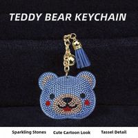 Porte-clés et breloques de sac en cristal strass, motifs ours, chien, fruit, dessin animé, avec pompon, pour sacs à main, décoration, cadeau pour filles, pendentif ours