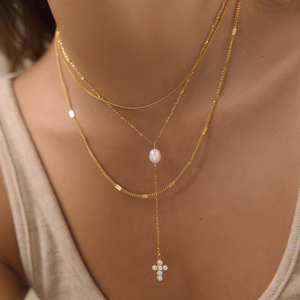 Collier à trois rangs en acier inoxydable plaqué or 18 carats avec perles d'eau douce pour femmes, bijoux à chaîne en Y superposée, J&D Jewelry - Product Image 3
