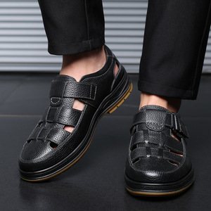 Sandales à brides croisées en cuir de vachette première couche, bout ouvert, semelle extérieure en caoutchouc, respirantes, chaussures décontractées d'été pour hommes - Product Image 1
