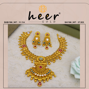 Elegante conjunto de collar de oro herenciale con piedras de colores de elaboración artesanal y pendientes a juego para bodas - Product Image 2
