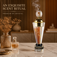 Brûleur d'encens en cristal K9 avec base en onyx noir, couvercle creux en forme de lune dorée, support d'aromathérapie zen pour décoration artistique de luxe à domicile