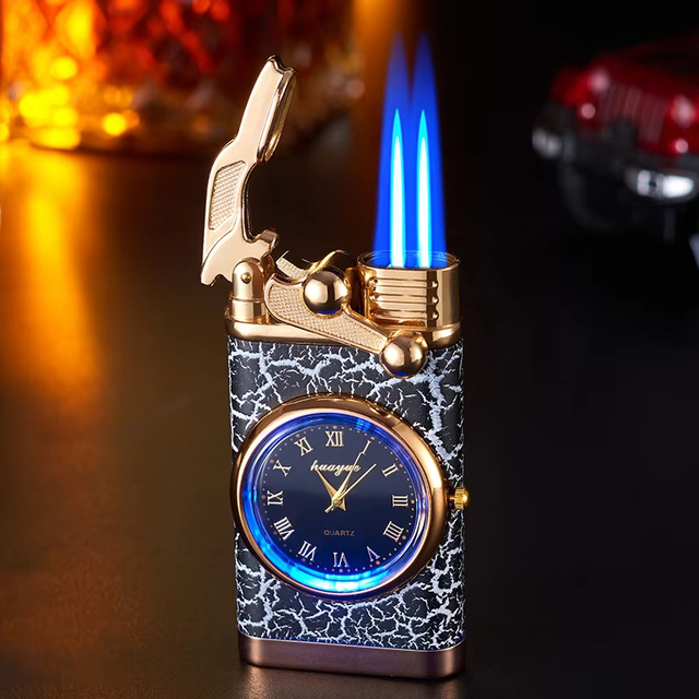 Wholesale Creative Cigarette Lighter with Watch Dual Flame Refillable Gas Lighter Popular Gift Refillable Gas Lighters