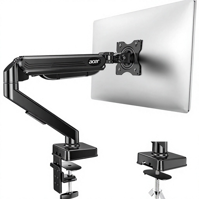 Single Monitor Arm Desk Mount 17-34" Screen Gas Spring 19.8 Lbs Load Aluminium Metal Black 90 Tilt Swivel VESA