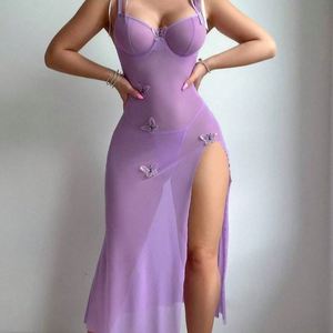 Robe longue fendue pour femmes grandes tailles, confortable, sexy, style papillon en maille, camisole, taille élastique - Product Image 1