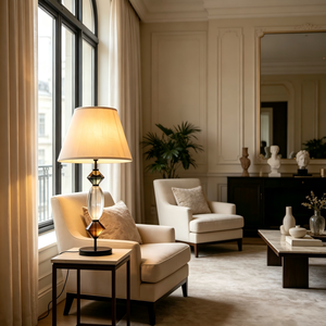 Lámpara de mesa moderna de cristal con pantalla de tela color blanco roto, estilo Empire, E27/E26, luz LED cálida para decoración de dormitorio, decoración del hogar, decoración de hotel - Product Image 5