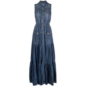 Модное Длинное джинсовое платье для девушек оптом, элегантные индивидуальные женские повседневные джинсовые платья без рукавов с оборками на подоле