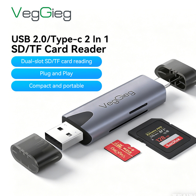 VegGieg 2 in 1 USB2.0 Type C Card Reader Dual Slot SD TF Memory Card Reader Plug and Play Portable Aluminum Card Adapter
