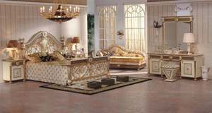 Set di mobili per camera da letto intagliati in legno puro fatto a mano in oro antico arabo - Product Image 4