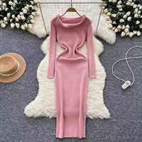 Robe décontractée printemps-automne pour femme, style chic, épaules dénudées, manches longues, rayures contrastées, robe en tricot élégante pour femme