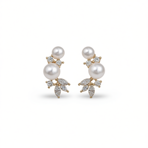 Elegantes Pendientes de Oro Blanco con Perla de Agua Salada y Diamante Corte Marquesa, Diseño Floral, para Boda, Joyería Fina para Mujer - Product Image 1