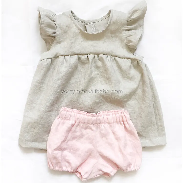 Kunden spezifische Leinen Baumwolle rosa flattern Ärmel Kleid Baby Mädchen 6 Jahre alt Rüschen Kleid