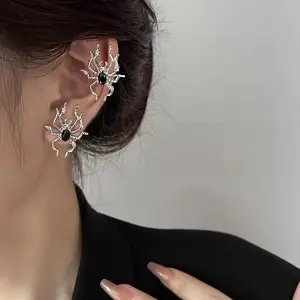 Creative Fashion Ladies Women Black Gem Niche Design Simple Alloy Silver Fun Spider Earrings