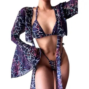 2021 color changing lingerie 3 piece large size beautiful women leopard print swimwear sexy bikini cover up set beachwear