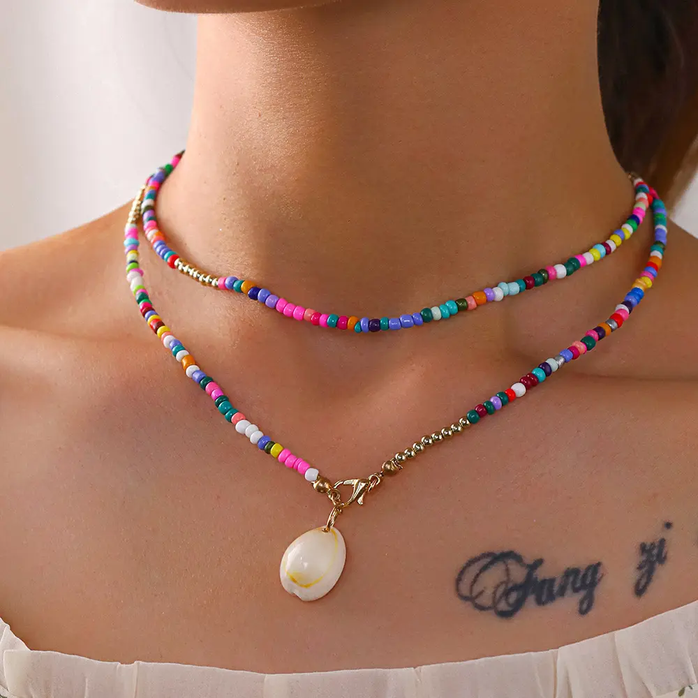 Bohemian hạt giống đầy màu sắc vỏ hạt Choker Vòng cổ hai lớp cowrie vỏ Vòng cổ cho phụ nữ và trẻ em gái