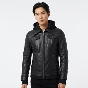 Chaqueta de Motociclista de Cuero Vacuno Genuino para Hombre, con Capucha Desmontable, Cierre de Cremallera, Color Negro Sólido, Estilo Otoñal, Corte Regular - Product Image 4