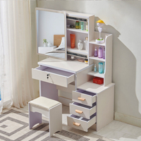 Coiffeuse de style princesse avec miroir en forme de cœur, 4 tiroirs et tabouret, idéale pour les petites chambres