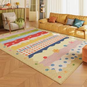 พรมพื้นที่สีสันสดใสลายสี่เหลี่ยมผืนผ้าสำหรับห้องนั่งเล่น ทำจากเส้นใยโพลีเอสเตอร์ที่ซักได้ ตกแต่งบ้านสไตล์โมร็อกโก ลายรุ้ง - Product Image 1