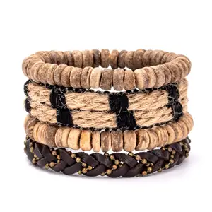 Custom Vintage DIY Braided Cowhide Coconut Shell Men's Hemp Rope Leather Bracelet