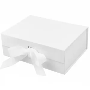 Customized Logo Foldable Rigid Paper Christmas Present Box Wedding Valentine White Magnetic Gift Box With Ribbon Insert
