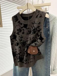 Gilet en tricot pour femme, motif abstrait encre éclaboussée, col rond, sans manches, coupe ample, collection automne, vente en gros, OEM ODM - Product Image 1