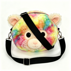 Bolso bandolera de peluche de mono arcoíris personalizado, bolso bandolera de peluche con cara de mono colorida, bolso bandolera redondo de peluche de mono suave. - Product Image 1