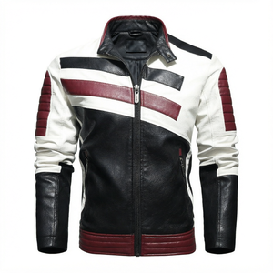 Men's <b>Thick</b> Warm Patchwork Front Embroidered Stand Windbreaker <b>Jacket</b>-<b>Fleece</b> Lined PU Leather Motorcycle Coat Casual - Product Image 1
