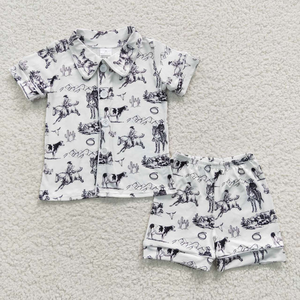 Ropa para Niños, Conjunto de Pijama de Verano de 2 Piezas para Niños Pequeños, Camisa de Manga Corta con Cuello Solapa, Pantalones Cortos con Estampado Occidental, Ropa de Dormir - Product Image 6