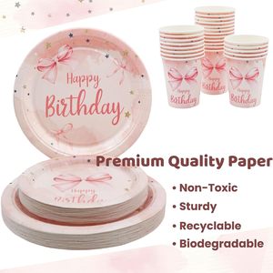 Ensemble <span class=keywords><strong>de</strong></span> vaisselle d'<span class=keywords><strong>anniversaire</strong></span> jetable avec nœud rose Décoration <span class=keywords><strong>de</strong></span> fête d'<span class=keywords><strong>anniversaire</strong></span> à pois dorés Fournitures <span class=keywords><strong>de</strong></span> fête Assiette en papier Tasse Serviette - Product Image 4