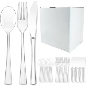 透明塑料300件PS餐具套装饭盒带100勺100叉100刀透明餐具套装