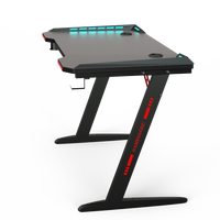Bureau de jeu en bois personnalisé avec éclairage RGB, crochets pour casque, porte-gobelet, surface en mélamine, garantie de 3 ans, design moderne noir, personnalisable