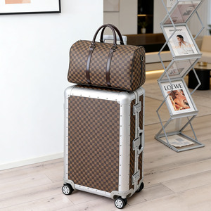 Fashion Checkerboard 26" All Aluminum <strong>Spinner</strong> <strong>Suitcase</strong> Waterproof TSA Approved Lock Large Capacity Luggage Leather <strong>Suitcase</strong> - Product Image 1